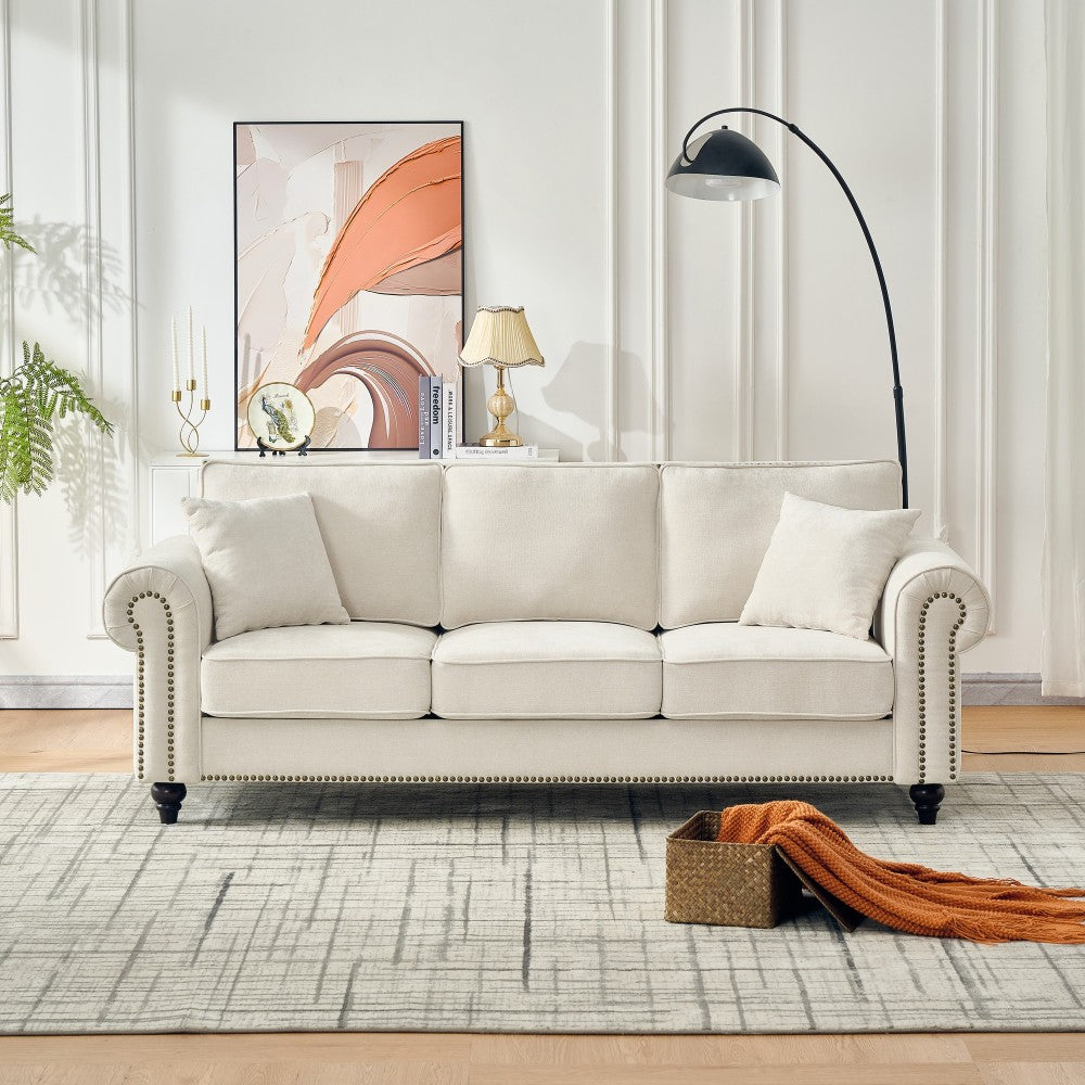 86" Modern 3-Seater Sofa with Rolled Arms,Chenille Upholstered Couch with Wood Legs and Nailhead Trim for Living Room, Apartment,Beige