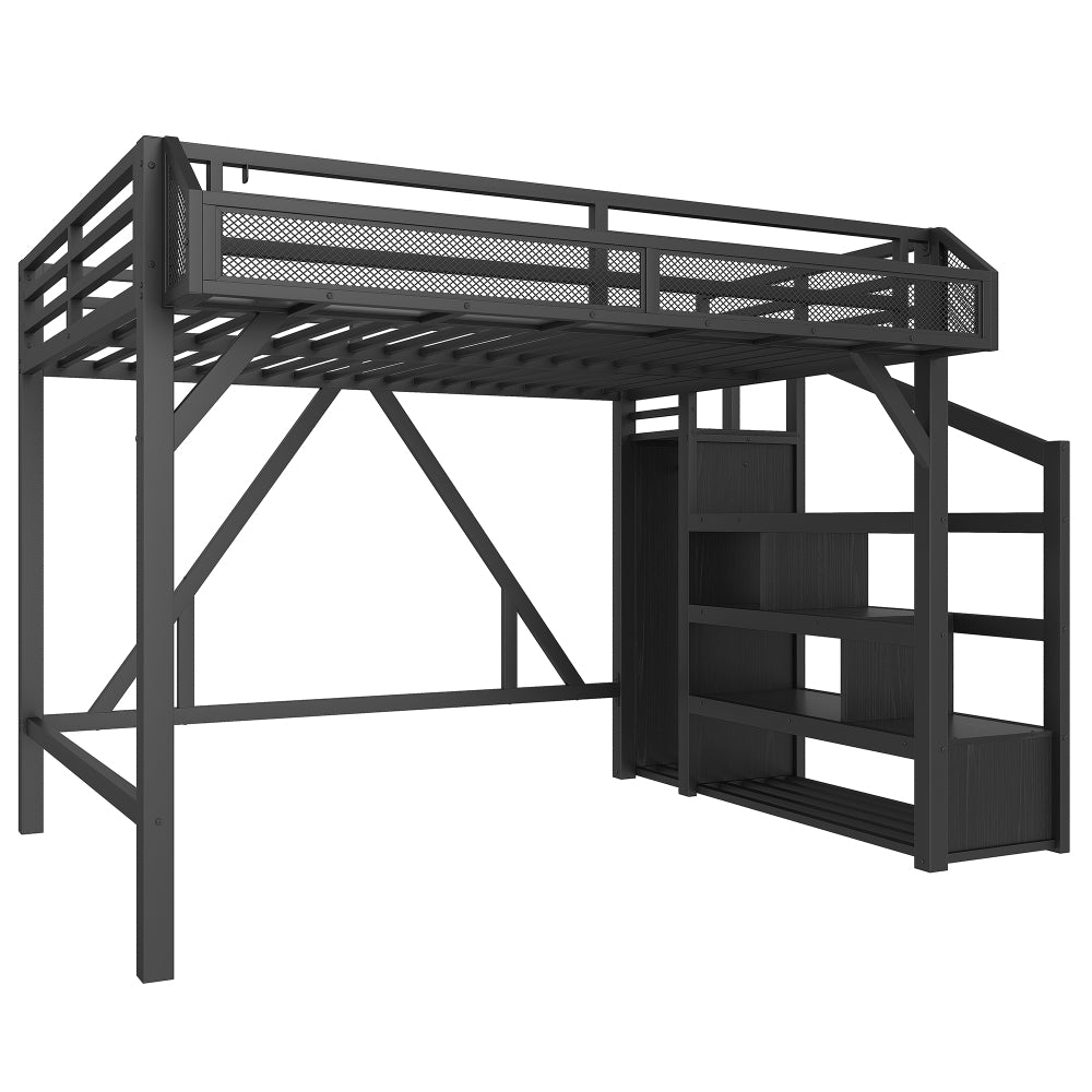 Full Loft Bed with Storage Stairs, Shelves and Built-in Wardrobe, Metal Loft Bed Frame with USB Ports and LED Lights, Noise-reduced Design, Black Woodgrain