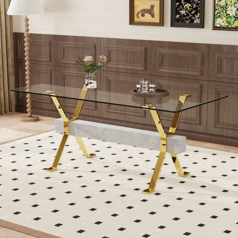 Modern tempered glass dining table. Large modern office desk with gold plated metal legs and gray MDF crossbars, suitable for both home and office use. Kitchen. 71 ''x35.4''x30 ''W1151S02350