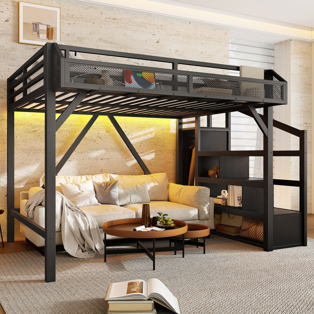 Full Loft Bed with Storage Stairs, Shelves and Built-in Wardrobe, Metal Loft Bed Frame with USB Ports and LED Lights, Noise-reduced Design, Black Woodgrain