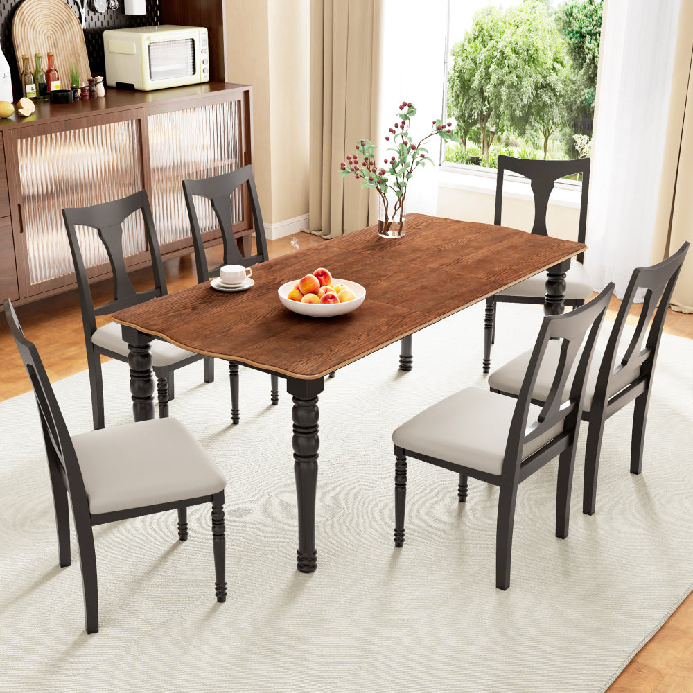 7-Piece Dining Table Set, 60inch to 78inch Extendable Wood Dining Table with Removable Leaf, Kitchen Table Set with 6 Upholstered Side Chair, Dining Table Set for 6