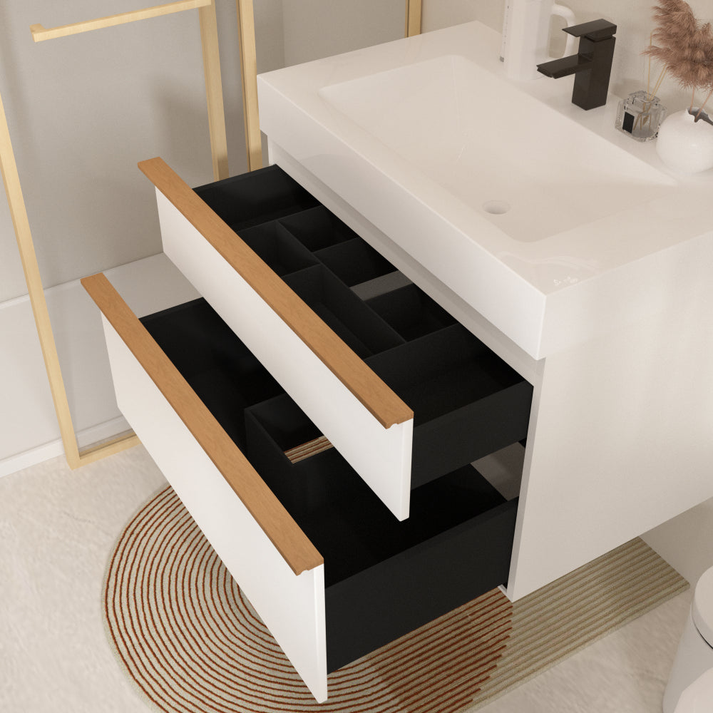 VELA 36 Inch White Wall Mounted Bathroom Vanity with Integrated Acrylic Sink, 2 Soft-Close Drawers, Pre-Assembled,Modern Floating Cabinet