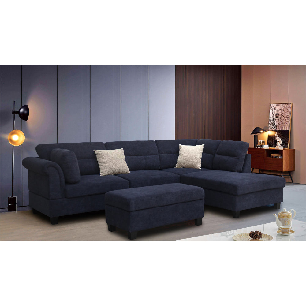 Diego 100"W Black Fabric Sectional Sofa with Right Facing Chaise, Storage Ottoman, and 2 Accent Pillows