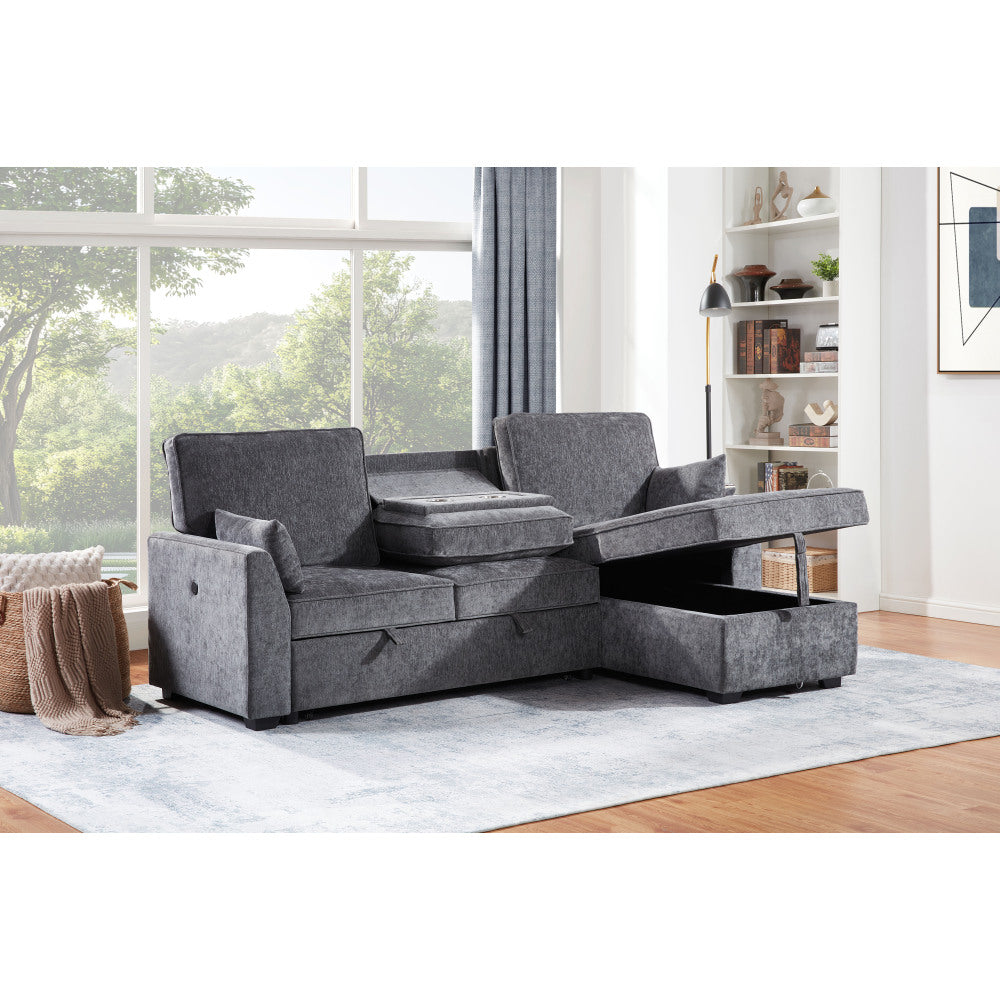 Emmy 89"W Dark Gray Fabric Sleeper Sectional Sofa with Reversible Storage Chaise, USB & USB-C Charging Ports, Cupholders, Pillows