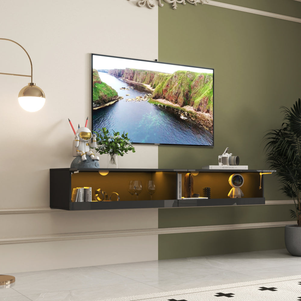 180 Wall Mounted Floating 80" TV Stand with 20 Color LEDs  and  Charging Station