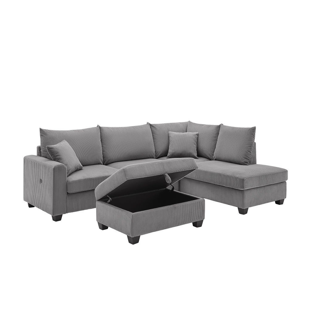 Rowan 107"W Dark Gray Corduroy Fabric Sectional Sofa with Right Facing Chaise, USB & USB-C Charging Port, Storage Ottoman, and Pillows