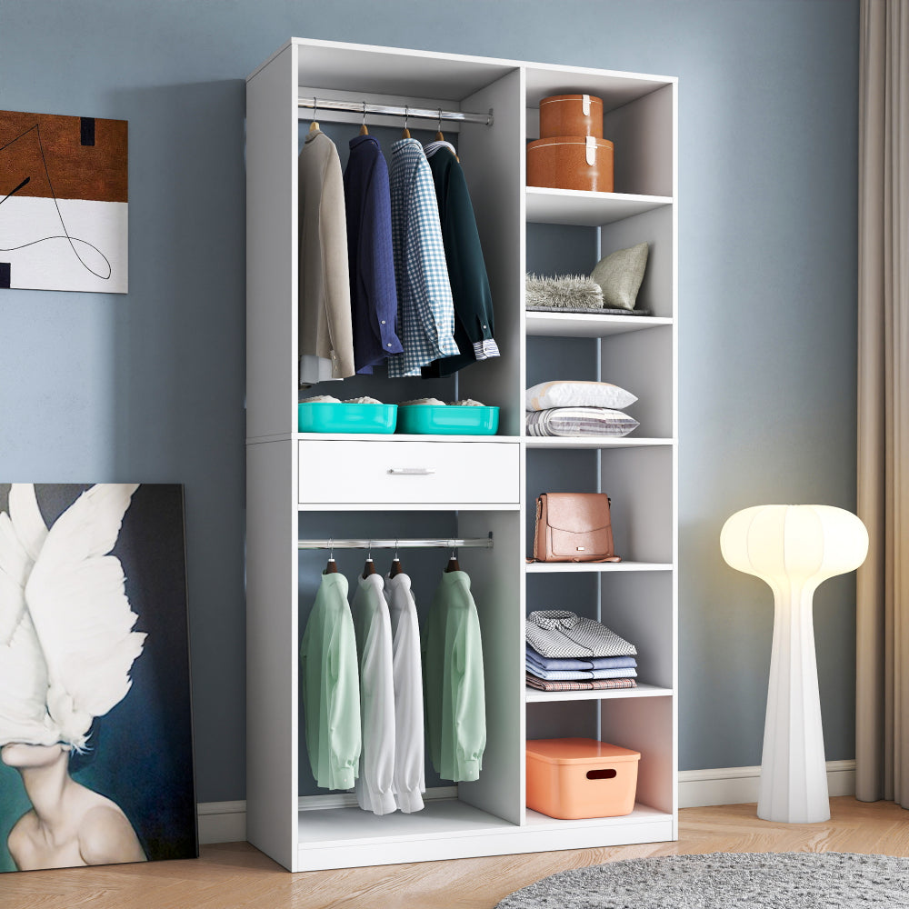 Freestanding Closet System,  Stand-Alone Wardrobe with 6 open Shelves,74.8'' Heigh Closetwith 1 Wood Drawers, Wood Walk-in Closet with 2 Hanging Rod, White
