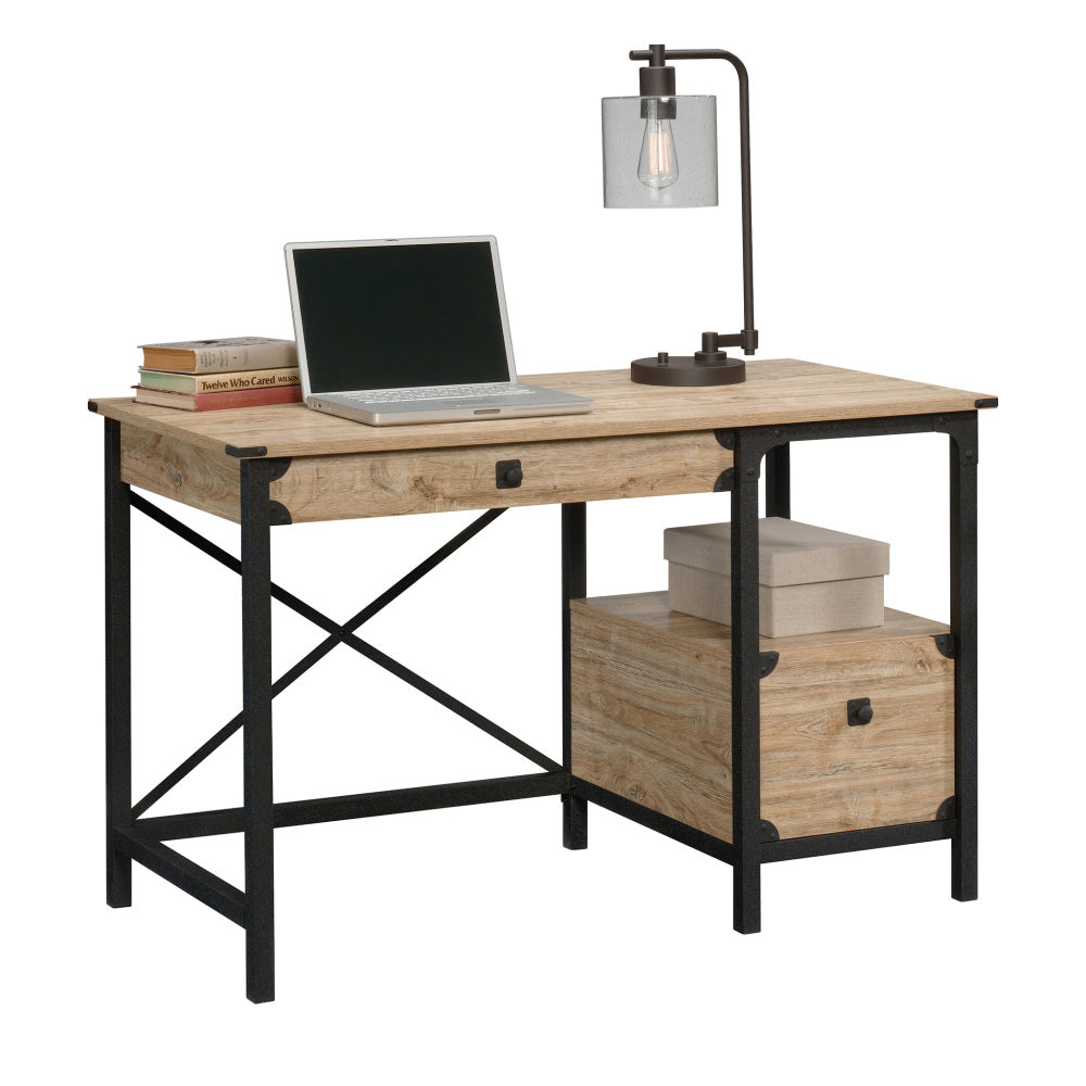 Sauder Steel River Rustic Industrial Metal & Wood Pedestal Desk with Storage Drawers and Open Shelf, Coated Metal and Milled Mesquite