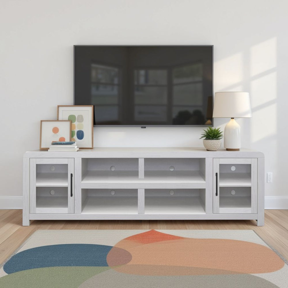 Haven 82 inch TV Stand with Glass Doors, for TVs up to 90 inches, No Assembly Required, White Finish