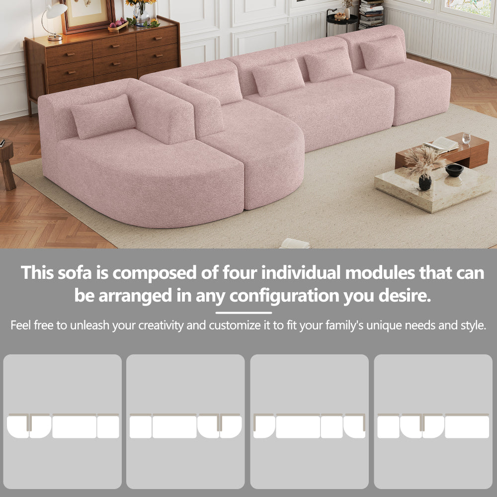 144" Upholstered Sofa Free-combined Sofa Couch with Two Chaise Lounge and Five Back Pillows for Living Room, Pink