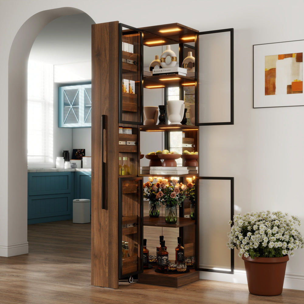70" Display Cabinet with Glass Doors and Lights, with multi-functional pull-out multi-tier storage shelf , Wooden Display Storage Cabinets