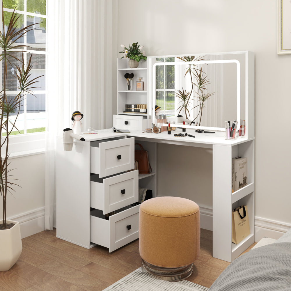 Vanity Desk with Lights,Makeup Vanity with Power Strip,Dressing Table Set with 3 Large Drawers,Vanity Mirror 3 Lighting Color Adjustable,White