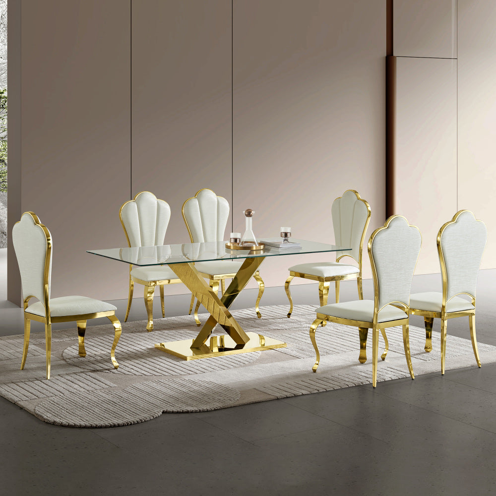 Gold stainless steel dining table  70.08 inch clear tempered glass top