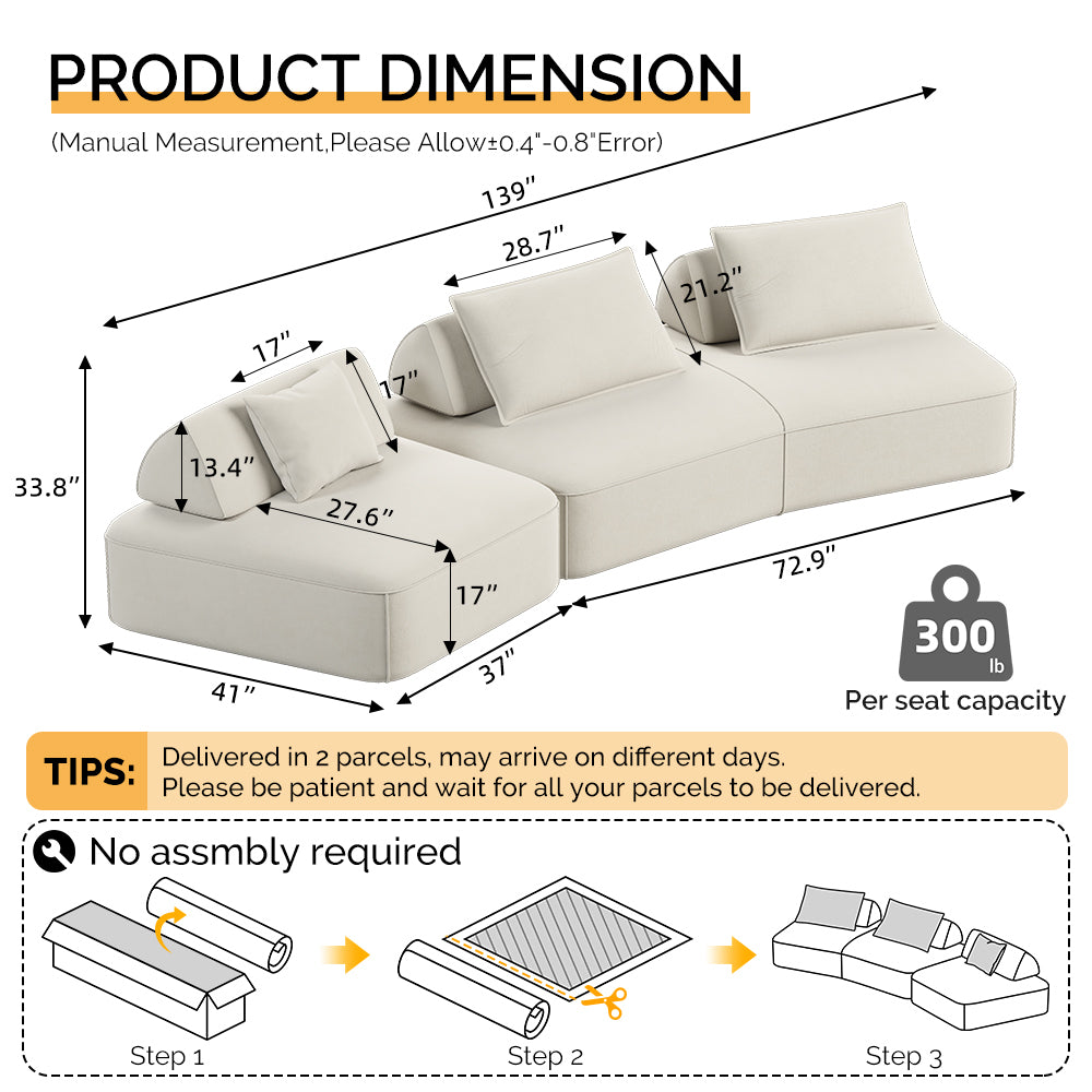 139" Modern Light Luxury Oversized Modular Sectional Sofa Set,DIY Upholstered Fluffy Chenille Sofa with Removable Backrests and Soft Pillows,Deep Seat Couch & Sofa Bed for Living Room, Office,Beige