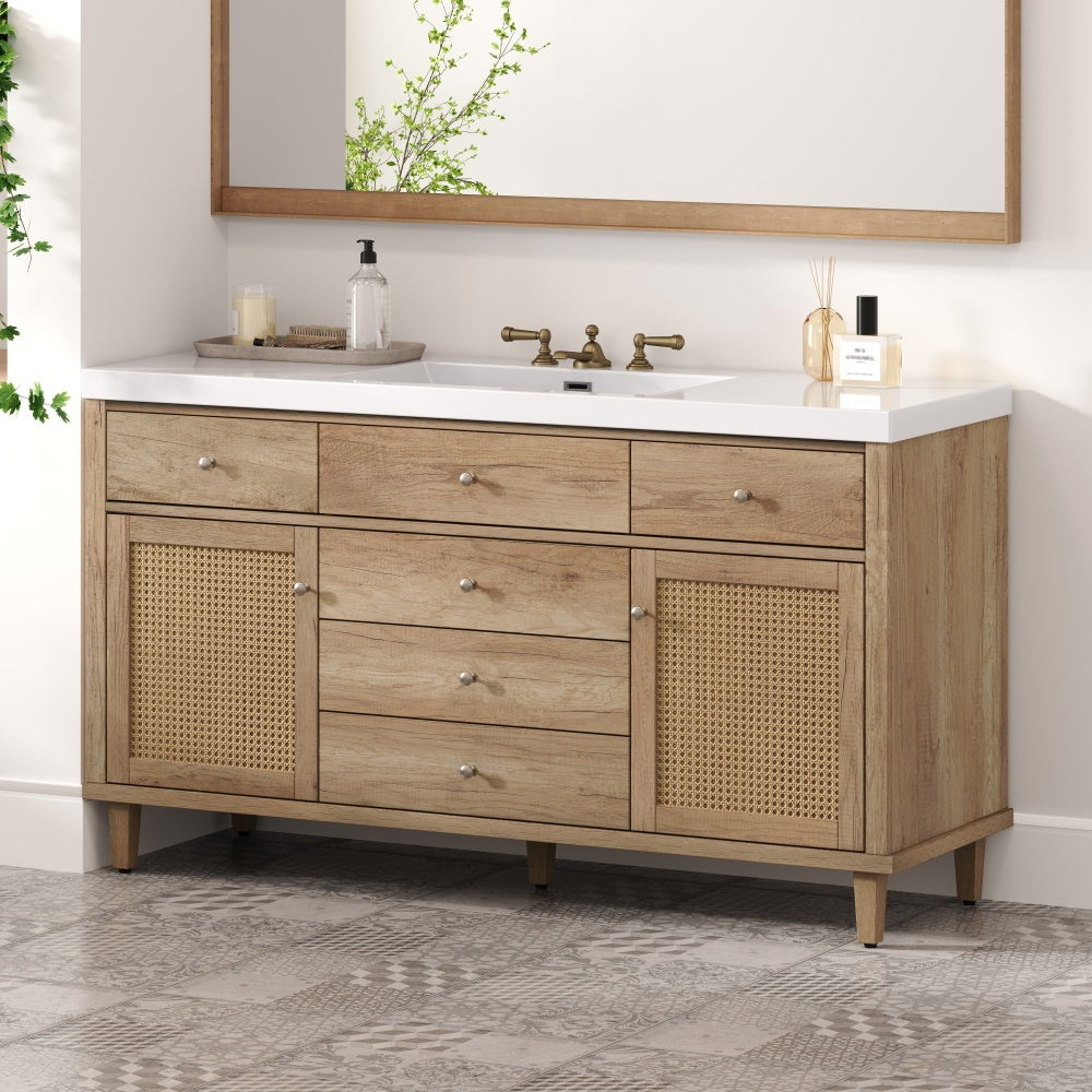 60" Bathroom Vanity with SMC Sink, Modern Large Storage Bathroom Storage Cabinet with Soft Close Drawers and Rattan Doors, Silver Metal Knobs and 5 Pine Legs, Natural