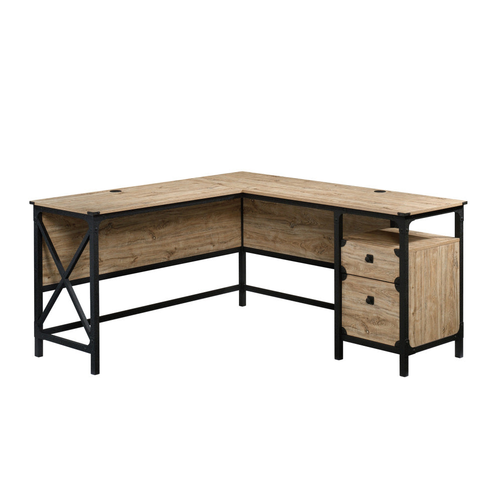 Sauder Steel River Rustic Industrial Style L-Shaped Corner Desk with Drawers and Storage Shelf, Coated Metal and Milled Mesquite finish