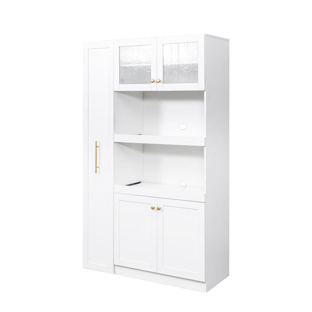 Kitchen pantry cabinet with multi-functional pull-out multi-tier storage shelf,Farmhouse Storage Cabinet with 4 Doors,Pantry Organizers for Kitchen,Dining Room(White)