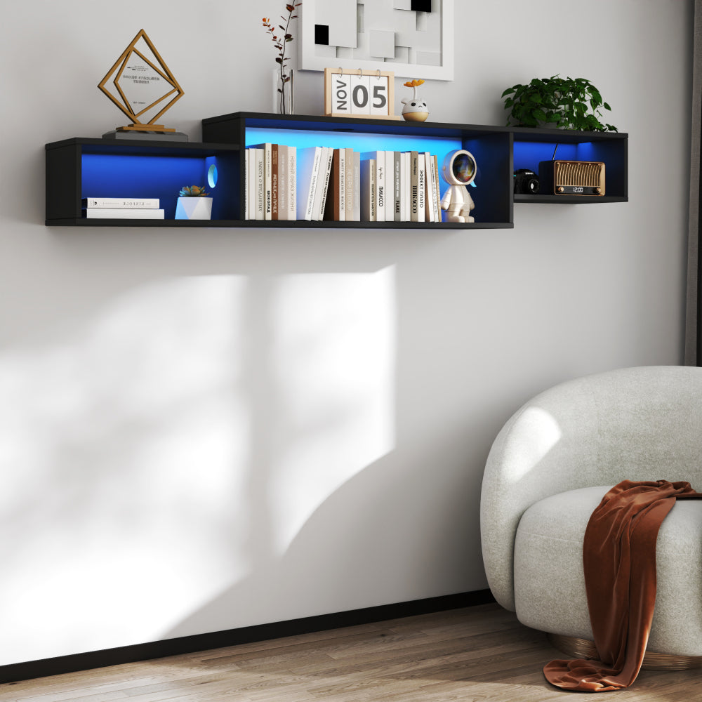 65.35in Wall Mounted Floating  TV Stand with 20 Color LEDs and Charging Station