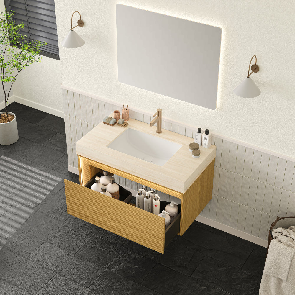 NYAH 36'' Bathroom Vanity&Sink, Floating Ultra-Slim Grille Plywood Storage Cabinet, Drawer, Sensor Light, Travertine-Pattern Sintered Stone Top&Ceramic Undermount Basin, Pre-assembled, Light Woodgrain