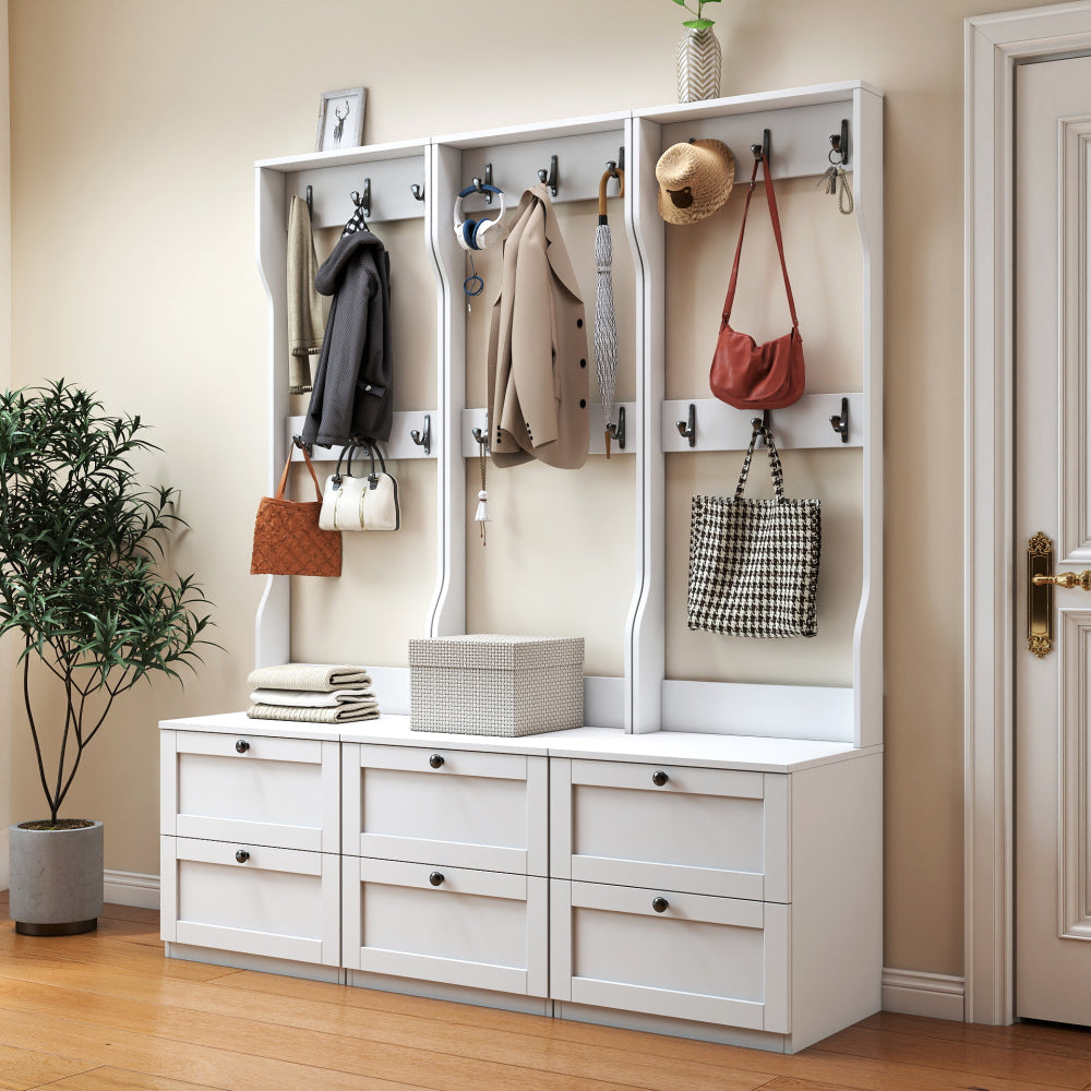 2-in-1 Coat Rack and Nightstand,Wood Bedside/Entryway Storage Organizer with Drawer & Hooks, Freestanding Clothes Hanger for Bedroom,Hallway