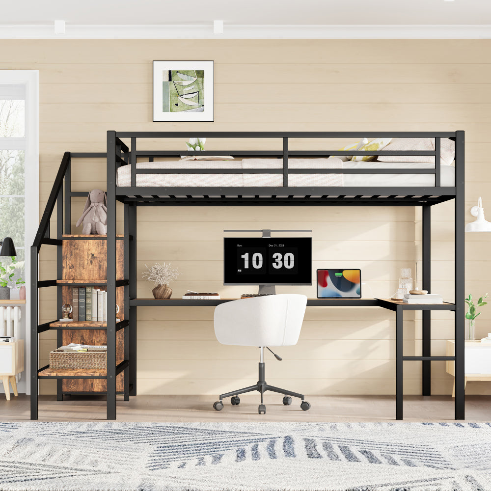 Queen Size Loft Bed with L-shaped Desk and USB, Metal Loft Bed with Wardrobe and Adjustable Shelf, High Loft Bed with LED for Kids Teens Adults, Wood-grain