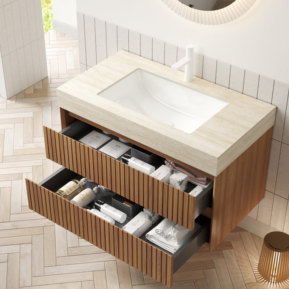 TILLEY 36" Bathroom Vanity&Sink, Floating Striped Plywood Storage Cabinet with 2 Drawers, Travertine-Pattern Sintered Stone Top with Ceramic Undermount Basin, Pre-assembled, Espresso Woodgrain Color