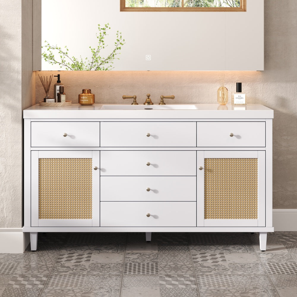 60" Bathroom Vanity with SMC Sink, Modern Large Storage Bathroom Storage Cabinet with Soft Close Drawers and Rattan Doors, Silver Metal Knobs and 5 Pine Legs, Natural