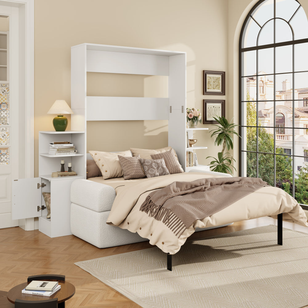 Queen Size Wall Murphy Bed with Sofa and Storage Cabinets, Space-Saving Wall Bed for Home Office & Guest Room, White