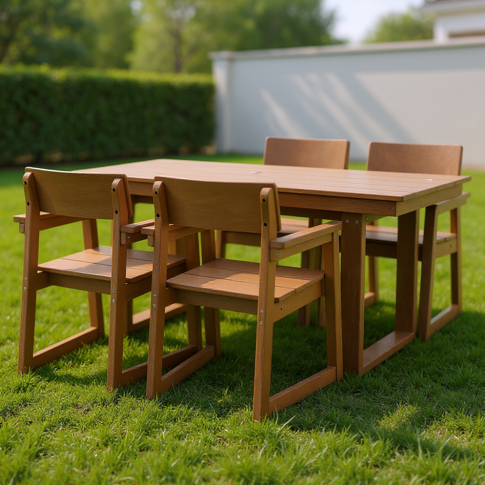 5-Piece HDPE Outdoor Dining Set for 4 – Weather-Resistant Patio Table with Umbrella Hole and 4  Armrest Chairs, Durable Garden Furniture for Backyard, Lawn, Deck, or Poolside (Brown)