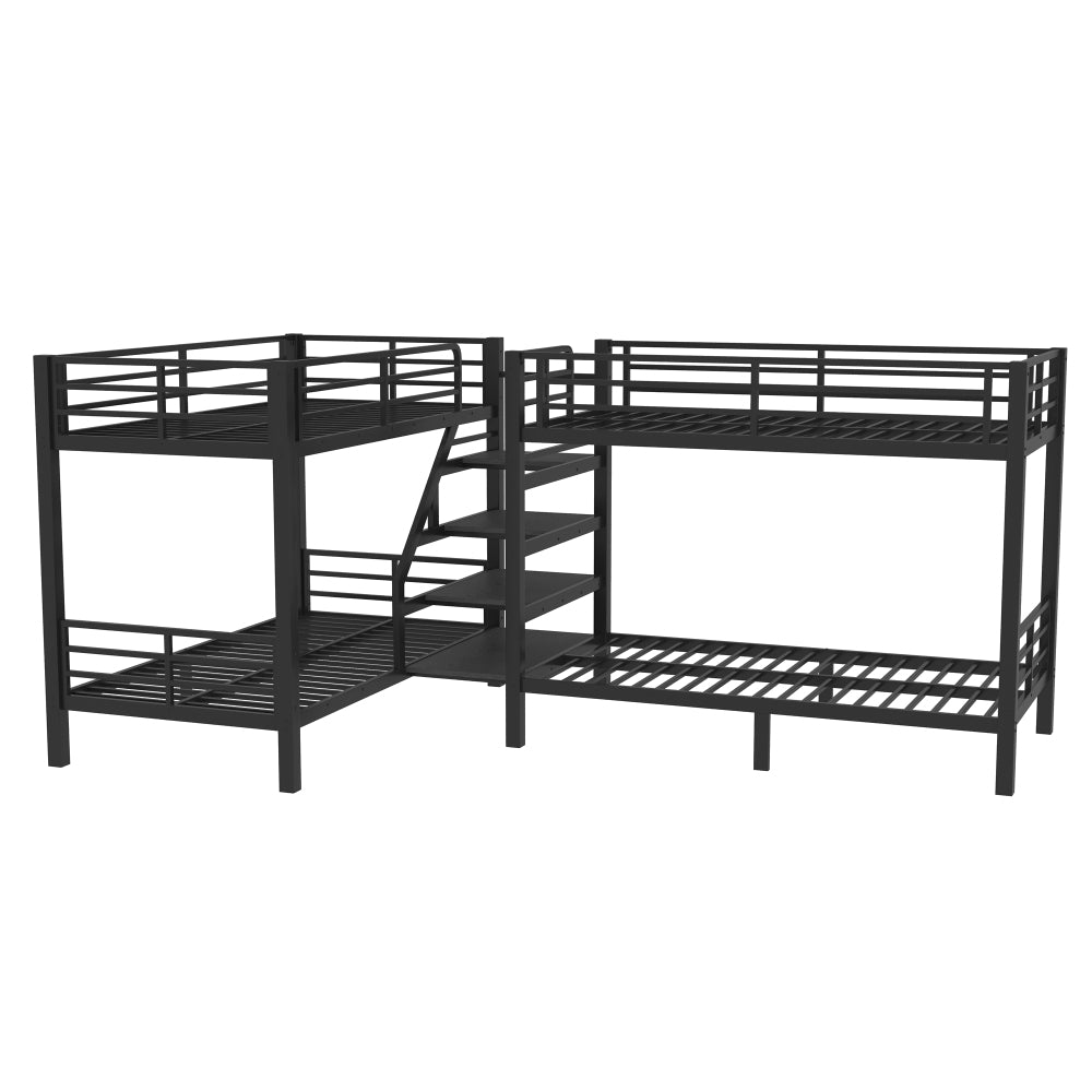 Twin L-Shaped Metal Bunk Bed with Storage Shelves and High-Quality safety Guardrail,Space-Saving,Black.