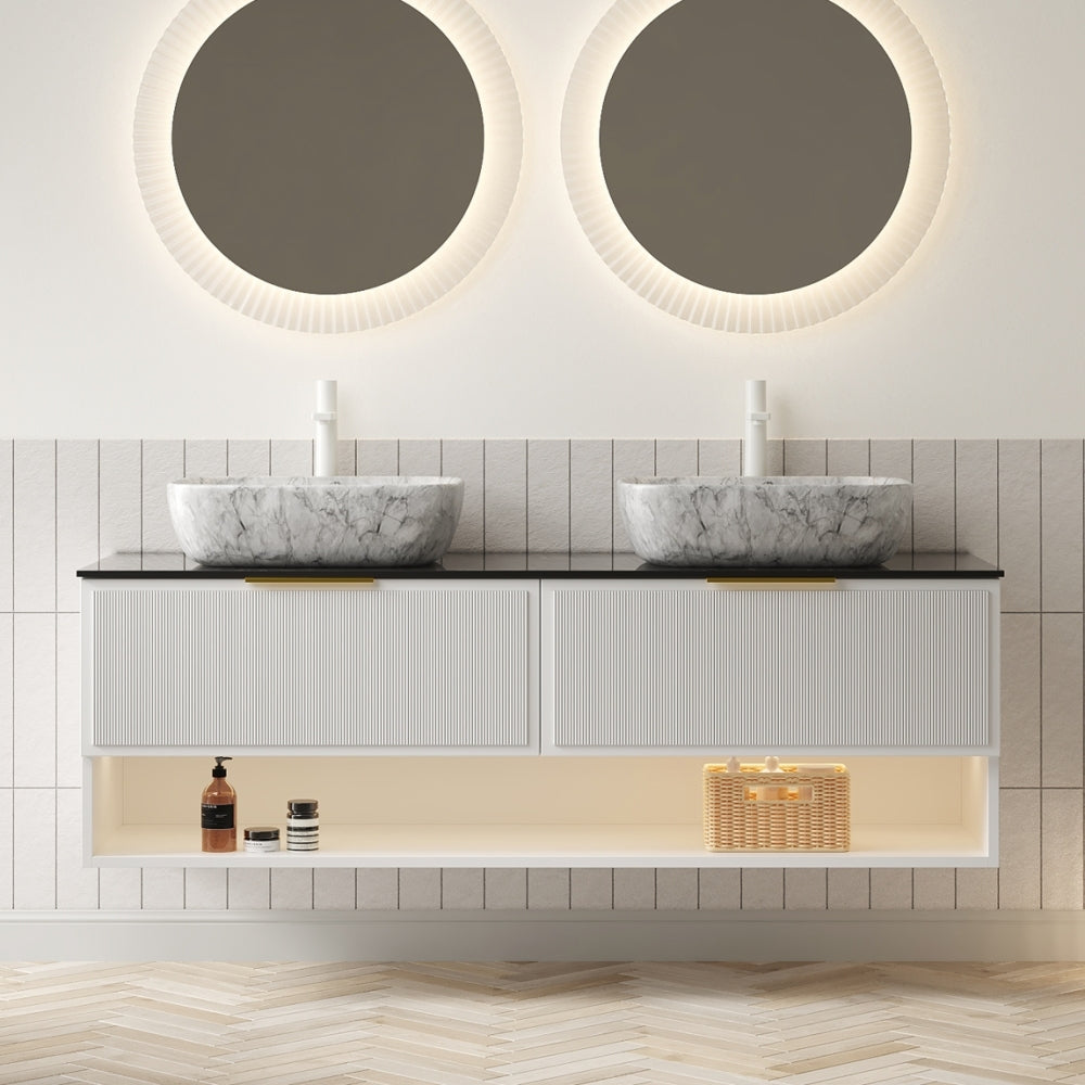 MALONE 48" Bathroom Vanity with Sink, Floating Plywood Storage Cabinet, 2 Pinstripe Drawers&Shelf, Sensor Light, Marble Pattern Ceramic Vessel Basin&Black Sintered Stone Top, Pre-assembled, White
