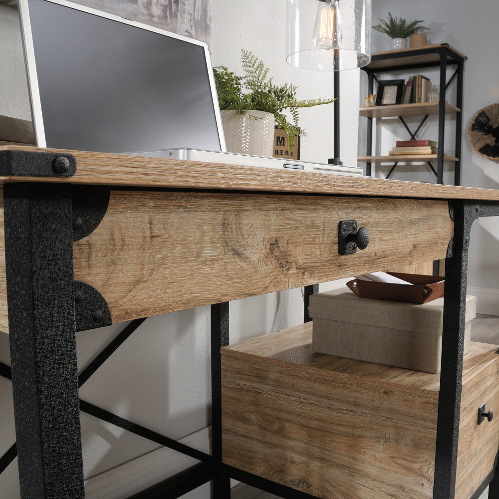 Sauder Steel River Rustic Industrial Metal & Wood Pedestal Desk with Storage Drawers and Open Shelf, Coated Metal and Milled Mesquite