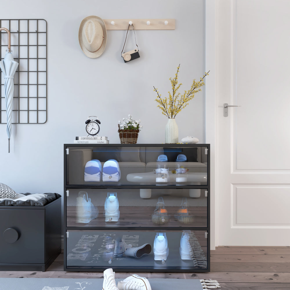 Black Glass Door Shoe Box Shoe Storage Cabinet  With RGB Led Light