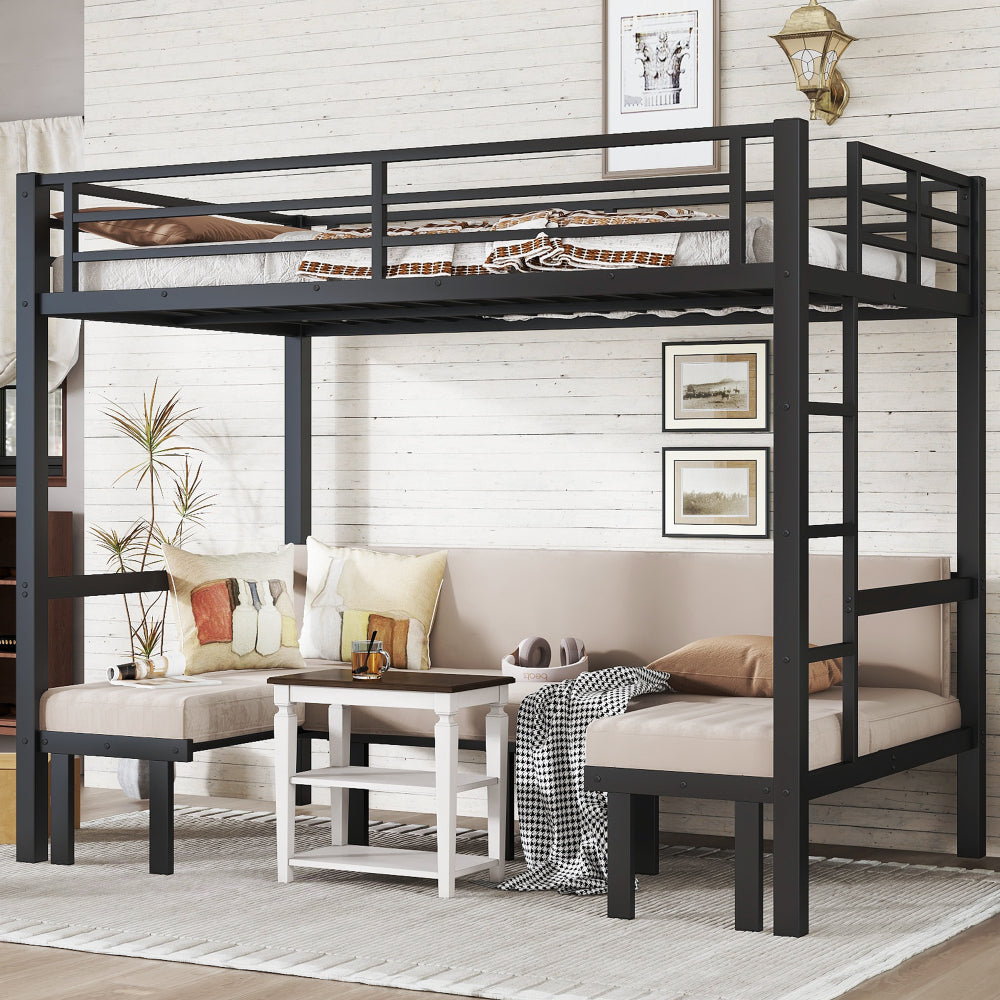 Twin XL over Twin XL size pull-out Metal Bunk Bed, lower bunk can be pulled out in three sections, top bunk equipped with safety rails, black.
