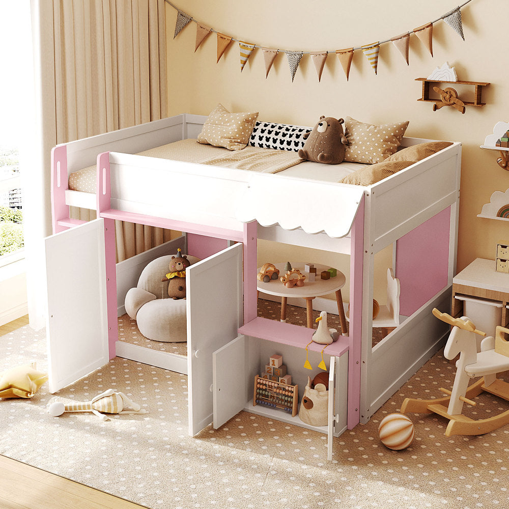 Full Loft House Bed with Playhouse & Storage, Modern Wood Cabin Bed for Kids/Teens, White+Pink