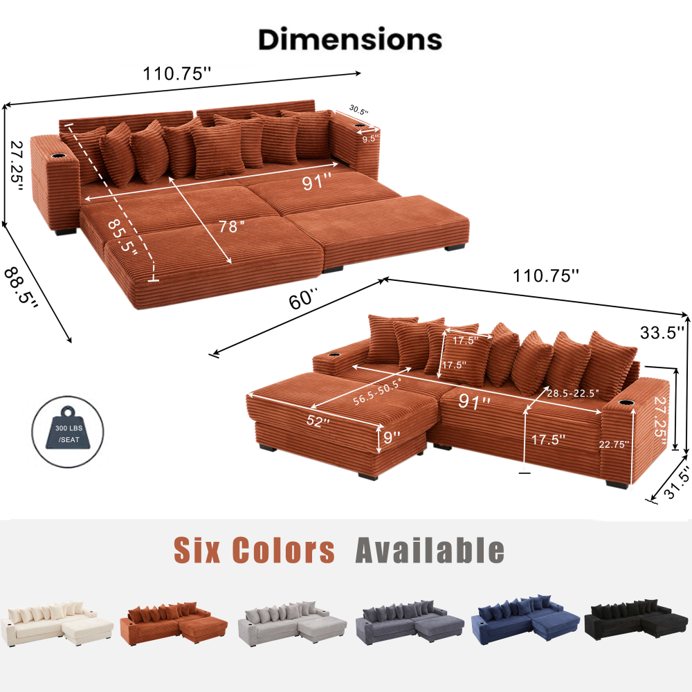 [NEW ARRIVED] [VIDEO PROVIDED]   110.75" Modular L Shaped Sofa, Corduroy Fabric Sectional Couch,With a movable footstool, Cup Holders,Bring 8 throw pillows,Side Pocket,Unfold into a Bed,Orange