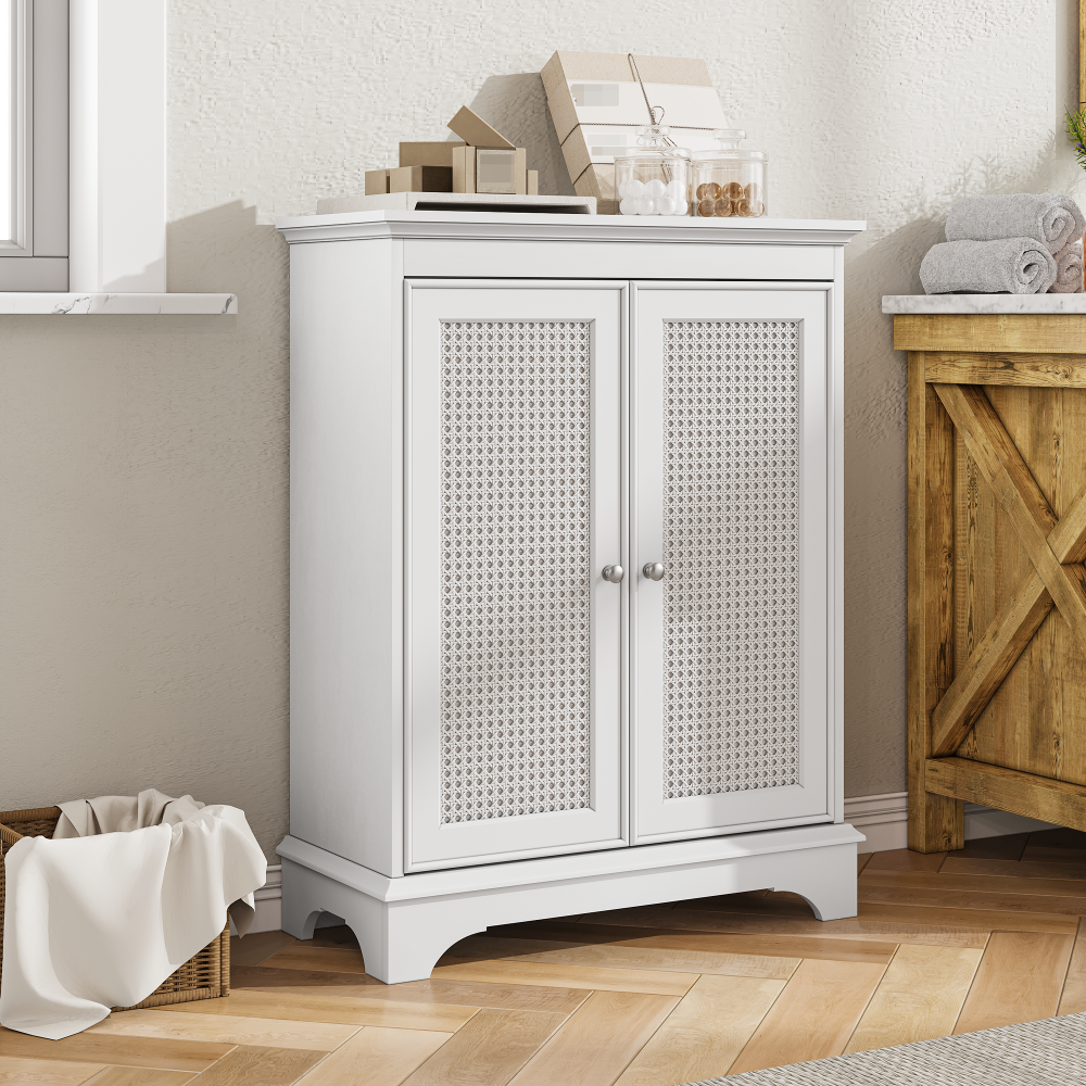 White two door rattan storage cabinet with adjustable partition, medieval modern independent buffet cabinet, multifunctional decorative cabinet suitable for living room, kitchen, bathroom, corridor
