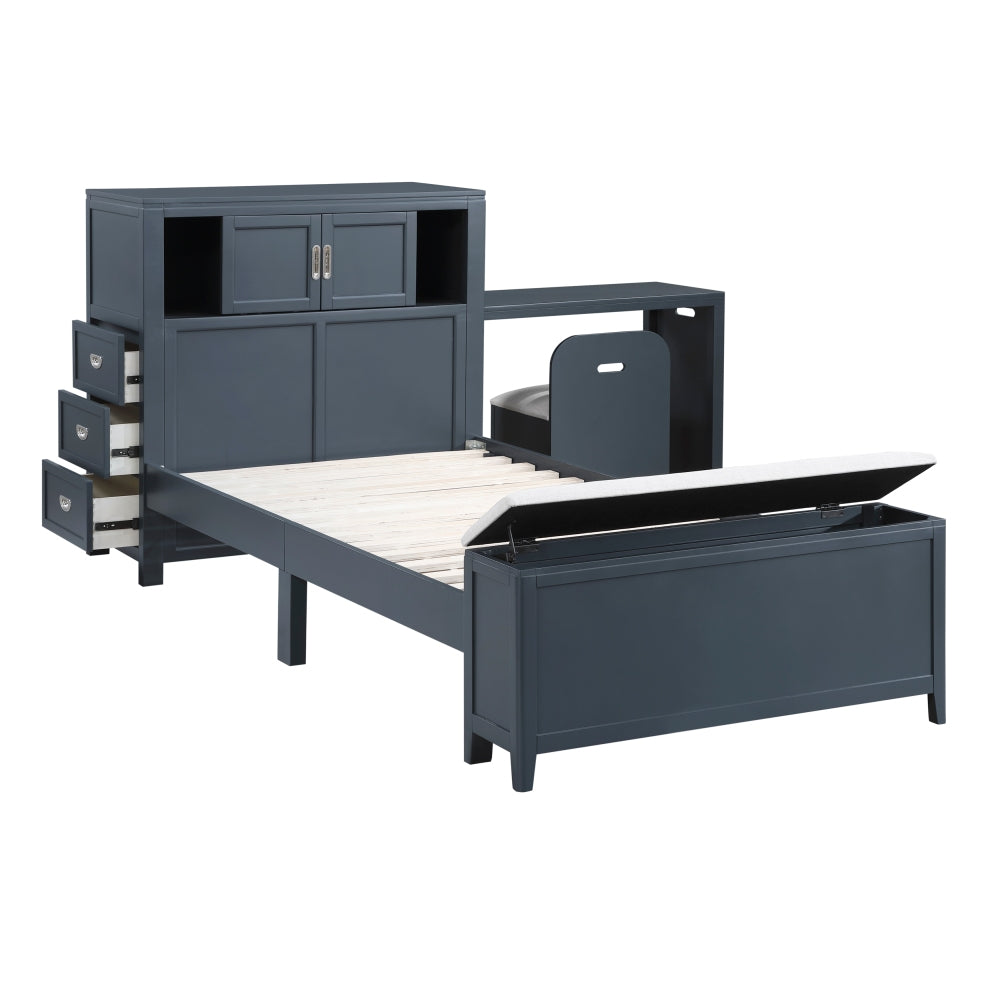 Navy Blue Finish Twin Platform Bed with Bookcase Headboard Drawers Hidden Desk Stool Footboard Storage Bench Bedroom Furniture 1pc