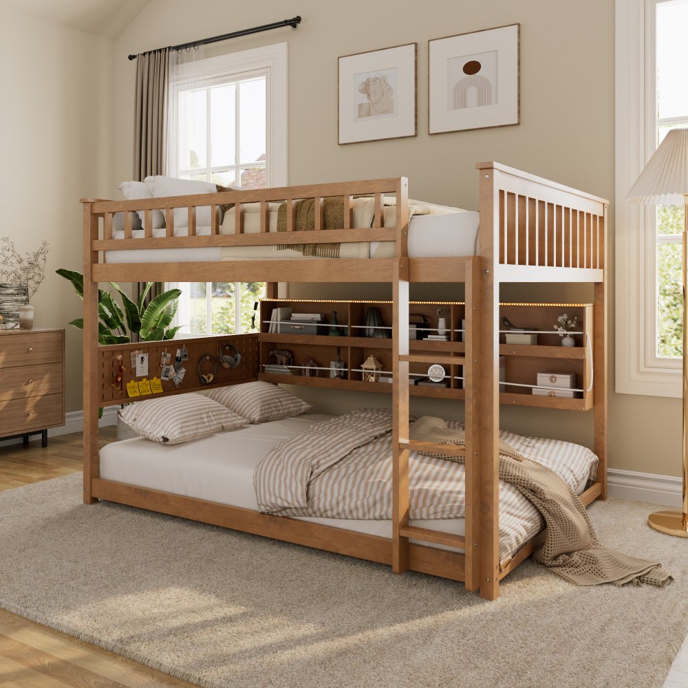 Twin XL over Queen Bunk Bed with Integrated Shelving, Color-Changing Lights and Pegboard, Beige