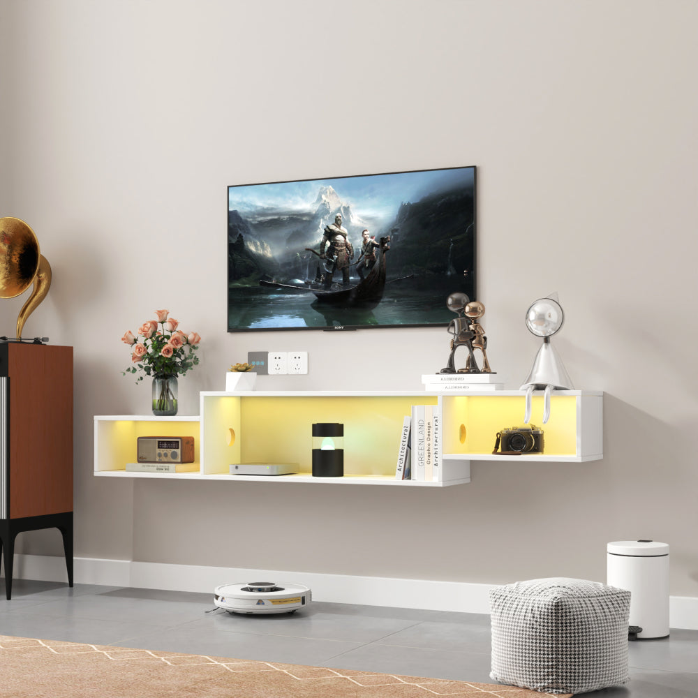 65.35in Wall Mounted Floating  TV Stand with 20 Color LEDs and Charging Station