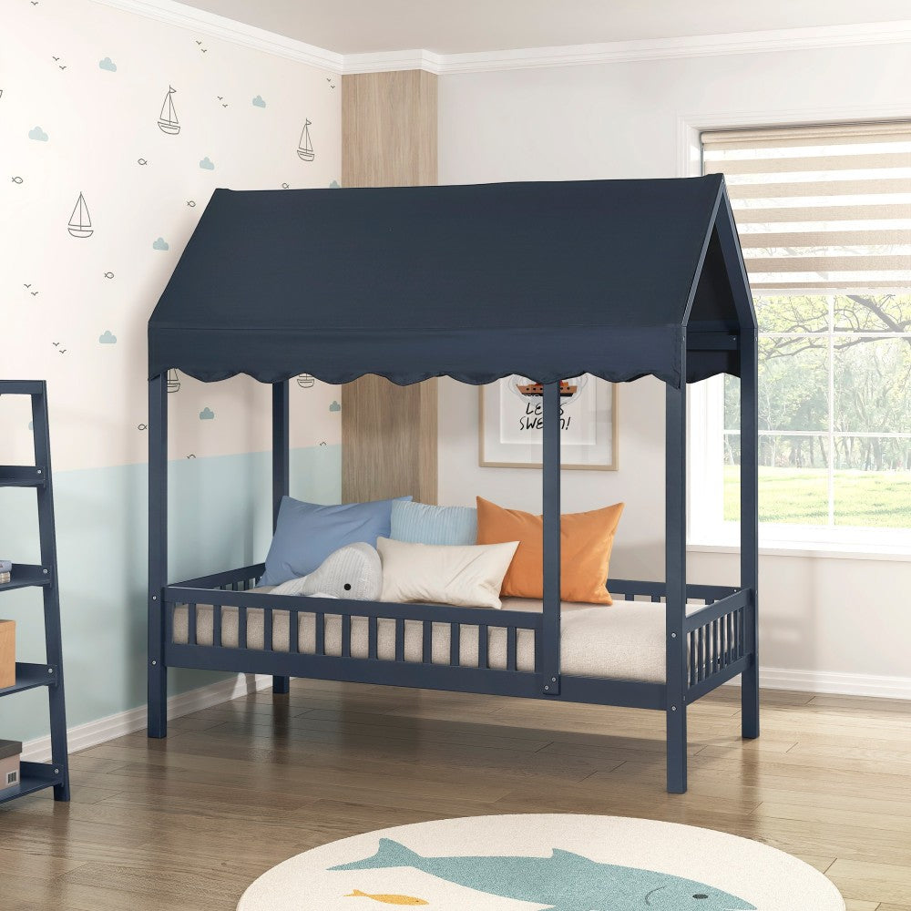 Navy Blue Finish Twin Platform Bed with Bookcase Headboard Drawers Hidden Desk Stool Footboard Storage Bench Bedroom Furniture 1pc