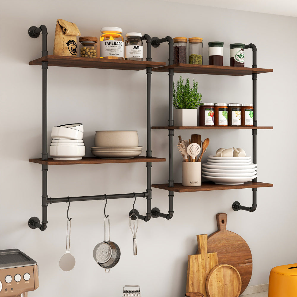 Industrial Pipe Shelf 3 Tier and 2 Tier Wall Mounted Shelves  36in Wood Display Shelves, and 3 additional hooks,Farmhouse Kitchen Bar Shelf, DIY Bookshelf Unit Hanging Wall Shelves for Bedroom...