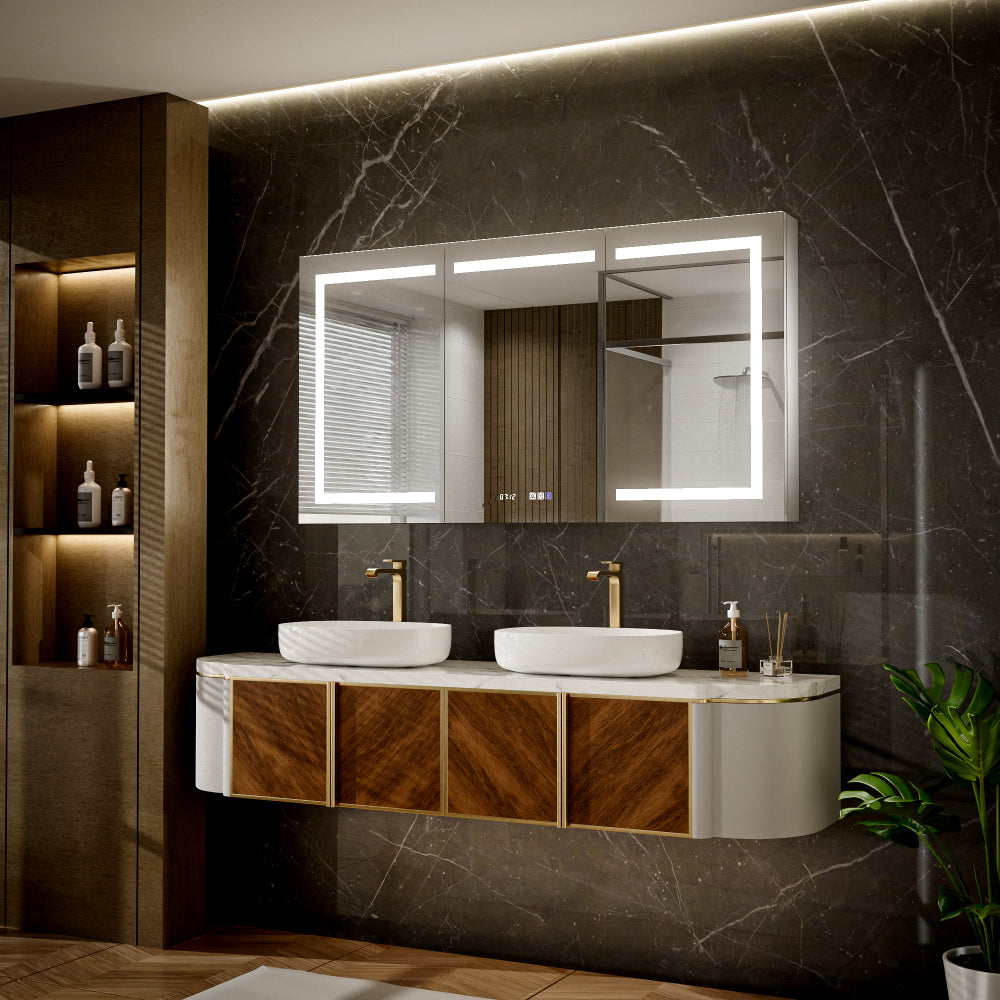 60"x32" Bathroom medicine cabinet with lights, Led bathroom mirror with storage, Adjustable Color Temperature & Brightness, Adjustable Shelves,Waterproof Wall-Mounted,Anti Fog,Time Display