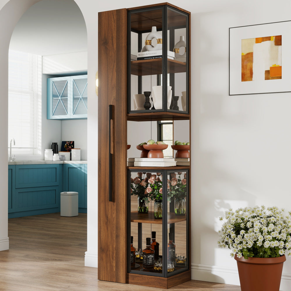 70" Display Cabinet with Glass Doors and Lights, with multi-functional pull-out multi-tier storage shelf , Wooden Display Storage Cabinets