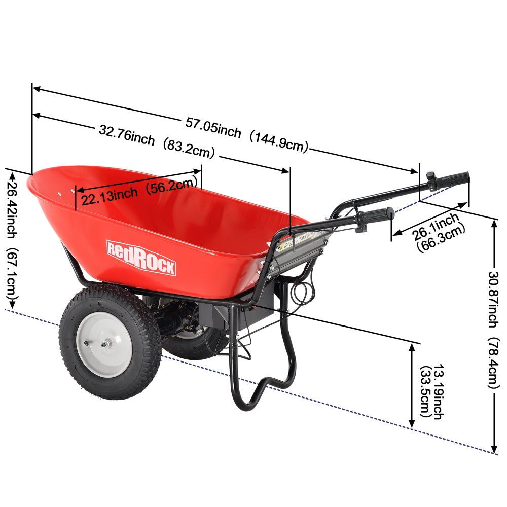 RedRock Wheelbarrow Utility Cart Electric Powered 24V DC 180W AGM Battery 330lbs (150kgs) Max Capacity Barrel Dump Material Debris Hauler