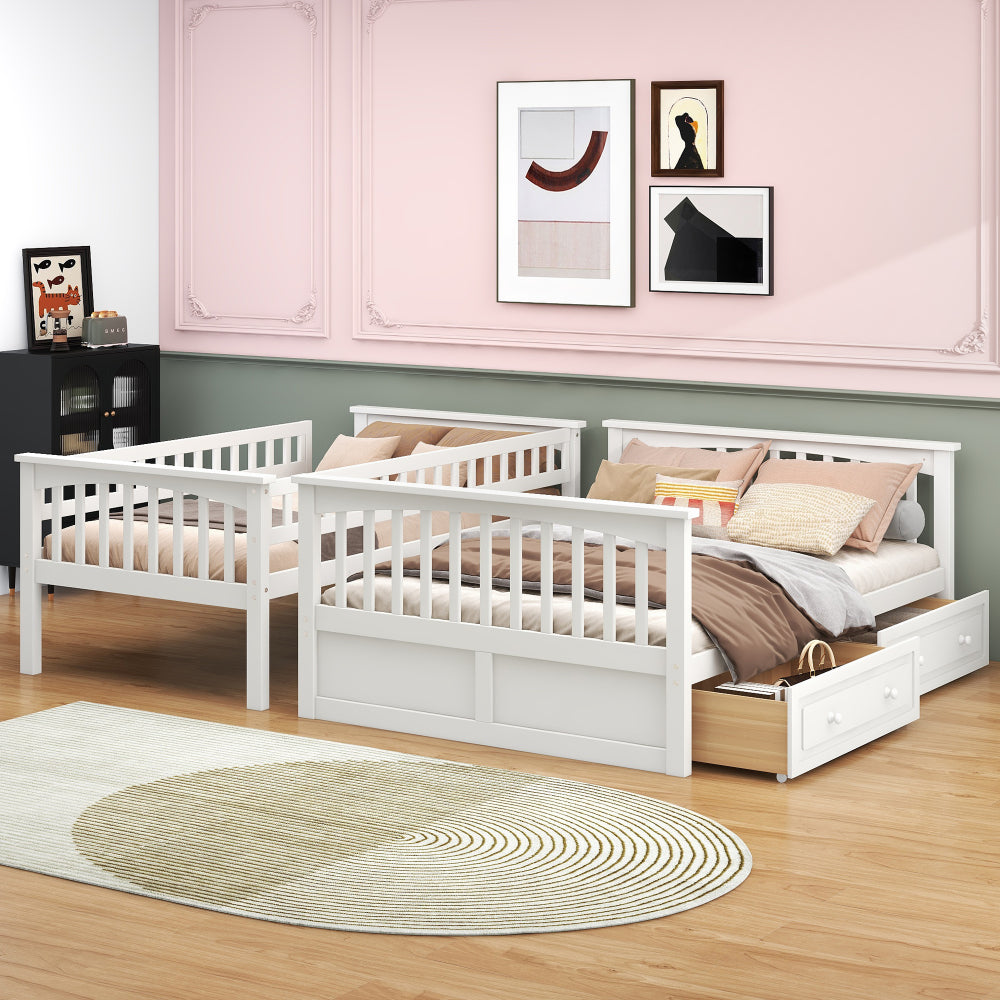 Twin over Full Bunk Bed with Drawers, Convertible Beds, White