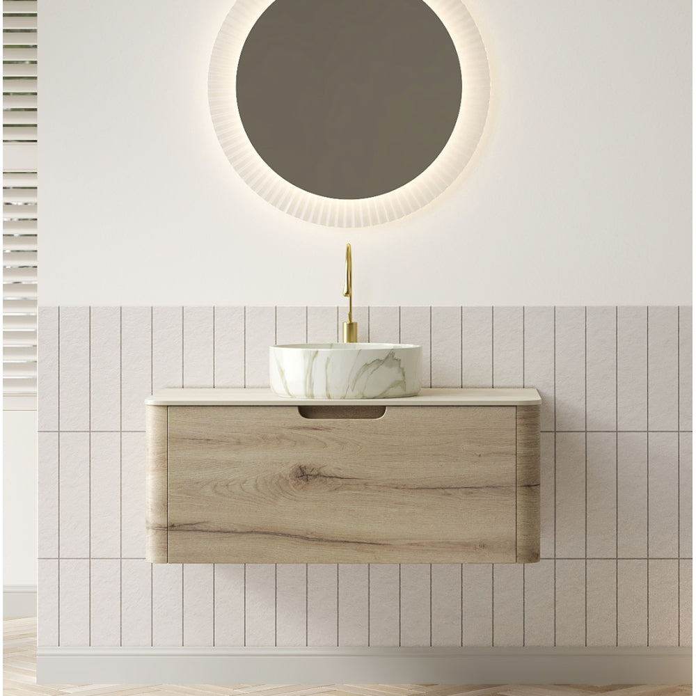 XAI 36" Bathroom Vanity with Sink, Floating Plywood Storage Cabinet with Drawer, Transparent Round Glass Basin and Roma Travertine-Pattern Sintered Stone Top, Pre-assembled, White Oak Woodgrain Color