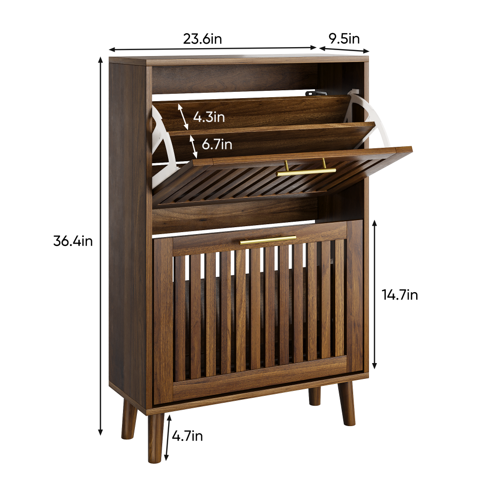 23.6-inch walnut shoe cabinet, medieval modern independent shoe cabinet, fence shoe cabinet with 2 flip drawers, suitable for corridors and entrances