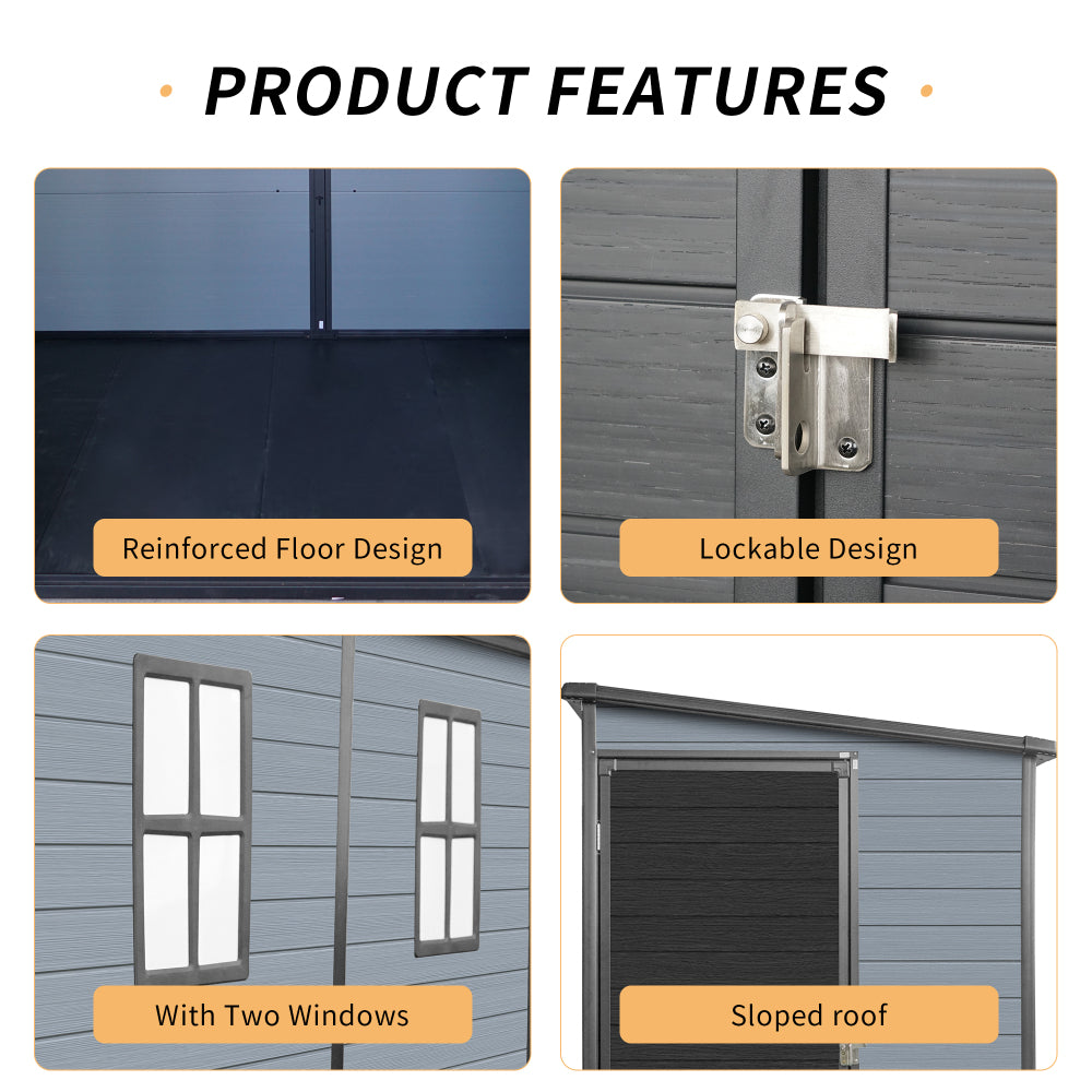 4x8ft Outdoor Resin Garden Shed with Floor and 2 Windows, Plastic Patio Outdoor Storage Shed with Lockable Door for Garden Tools, Bicycles, Trash Cans, Gray+Black