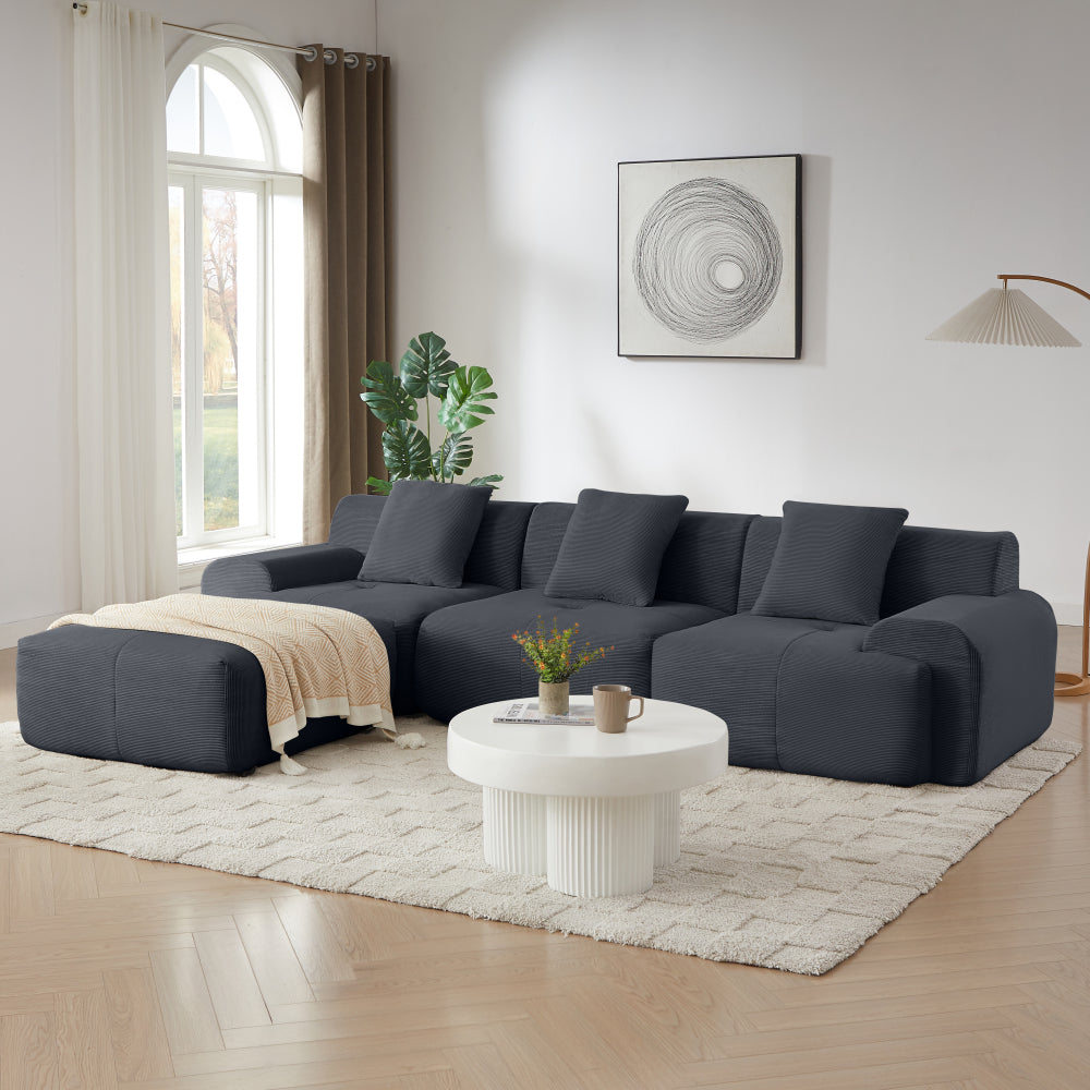 113" Modern L-Shaped Modular Sectional Sofa for Living Room, Corduroy Upholstery dark gray, Oversized 3-Seater Couch with Deep Seat and Movable Ottoman – No Assembly
